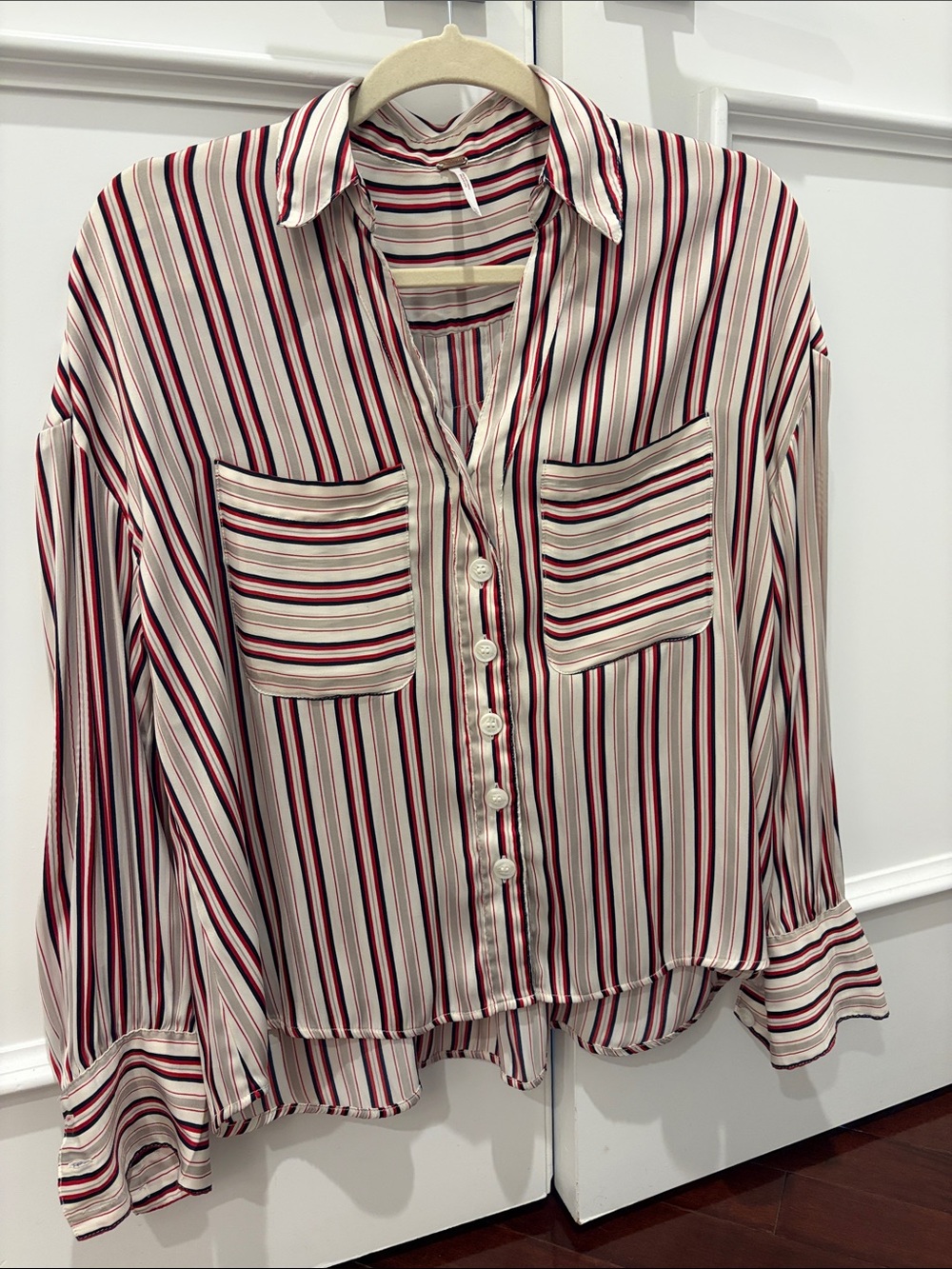 Free People Striped Button-Down Blouse in Cream, Red, and Black